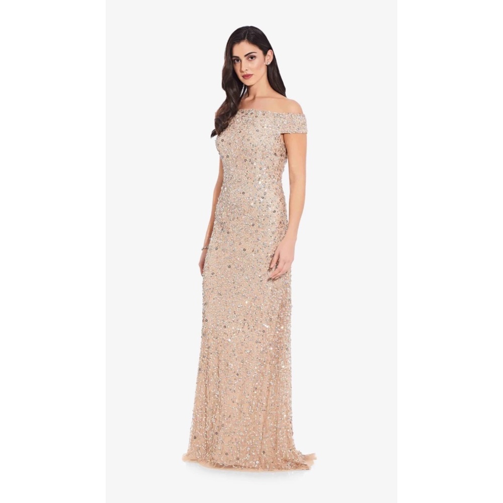 Adrianna Papell Champagne Off-Shoulder Gown